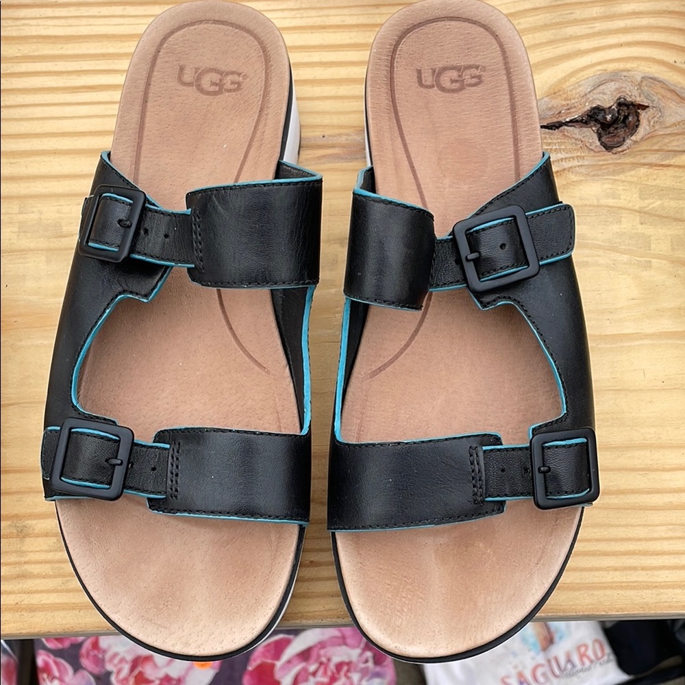 UGG Black Leather Buckle Sandals